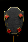 Collar 4 hojas trebol rojas chapado en oro de 18k