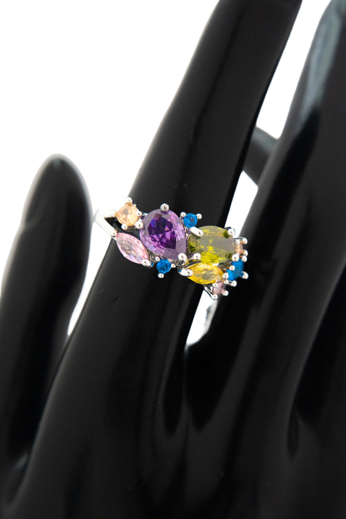 Anillo con zirconias de colores, aleacion bano de platino - Alkimia Joyeria