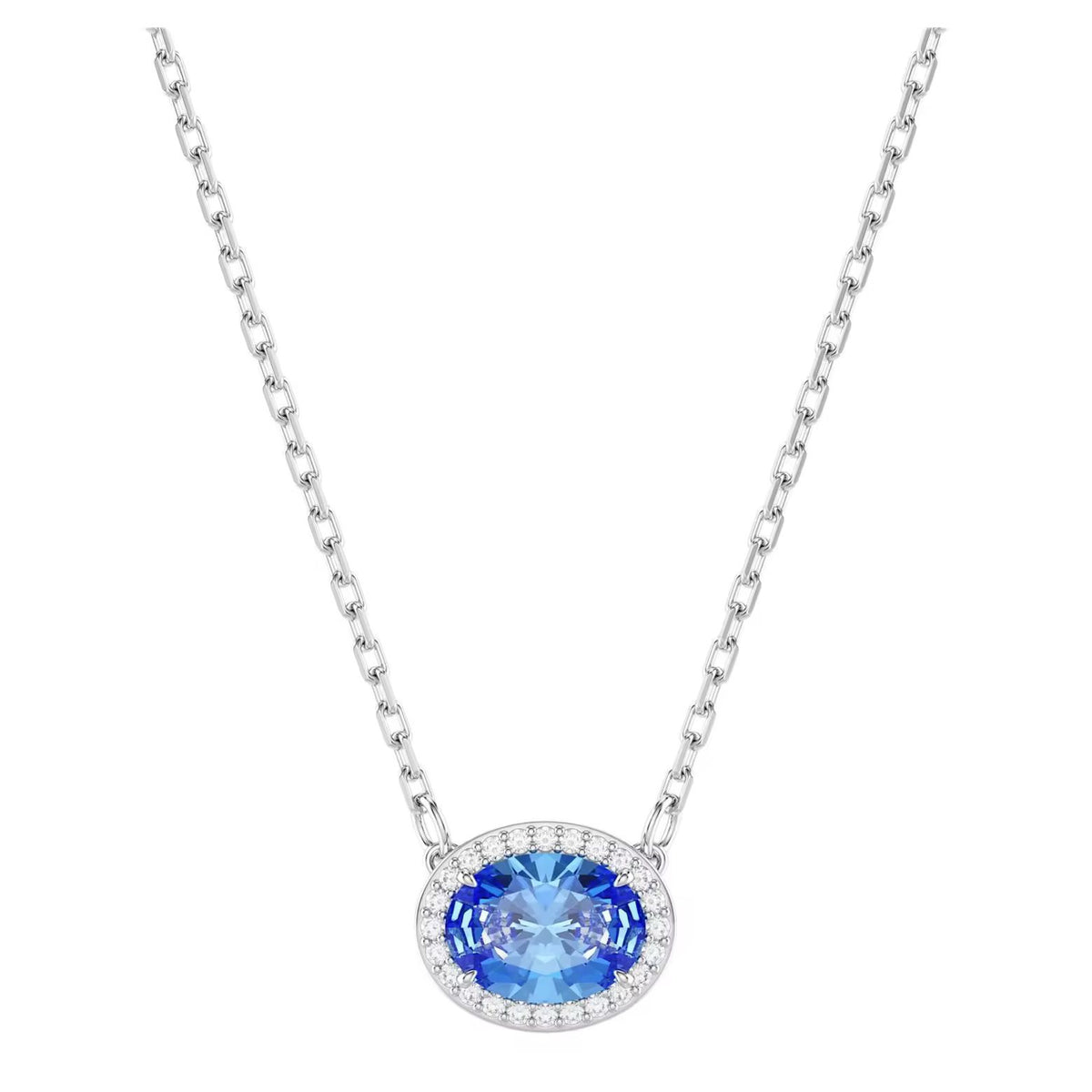 Blue Aura · Collar Plateado con Cristal Azul Oval y Halo